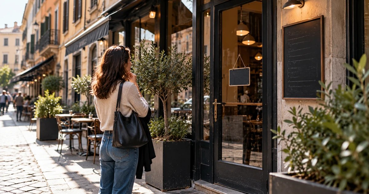 Cliente davanti a un’attività locale in una strada italiana, scena realistica che richiama la ricerca di informazioni corrette prima di entrare.
