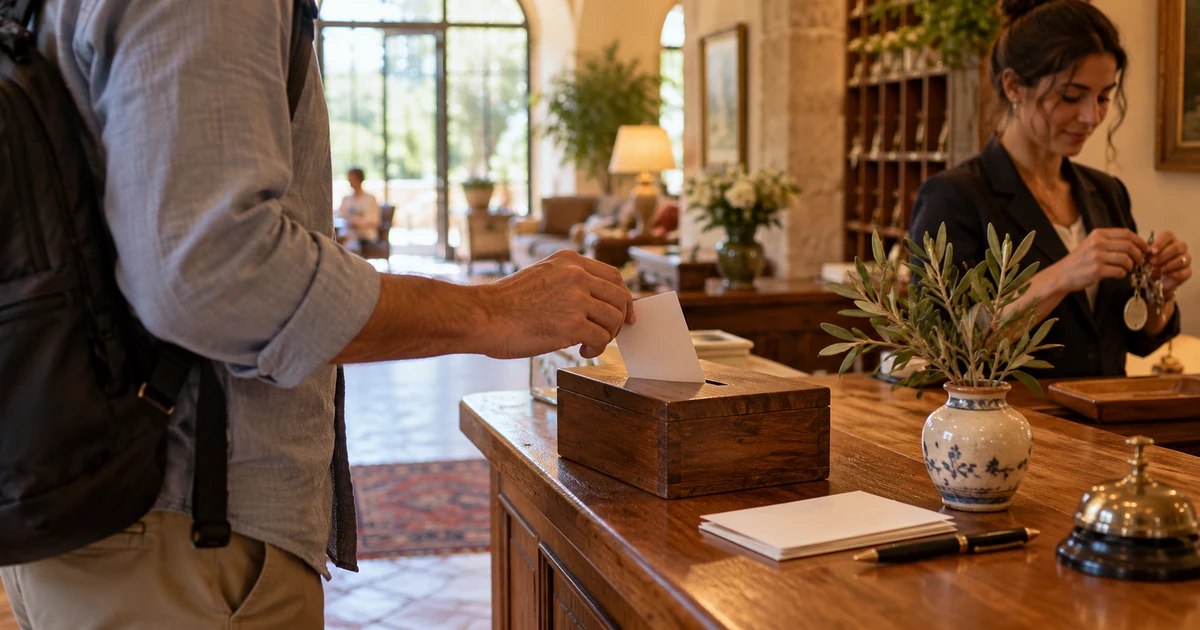 Un ospite lascia una scheda di valutazione in una cassetta alla reception di un hotel, mentre un’addetta lavora al banco.