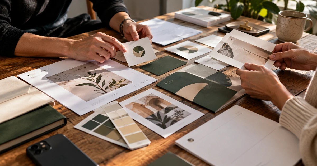 Due professionisti confrontano logo, palette colori, fotografie e materiali coordinati durante la progettazione di una brand identity.