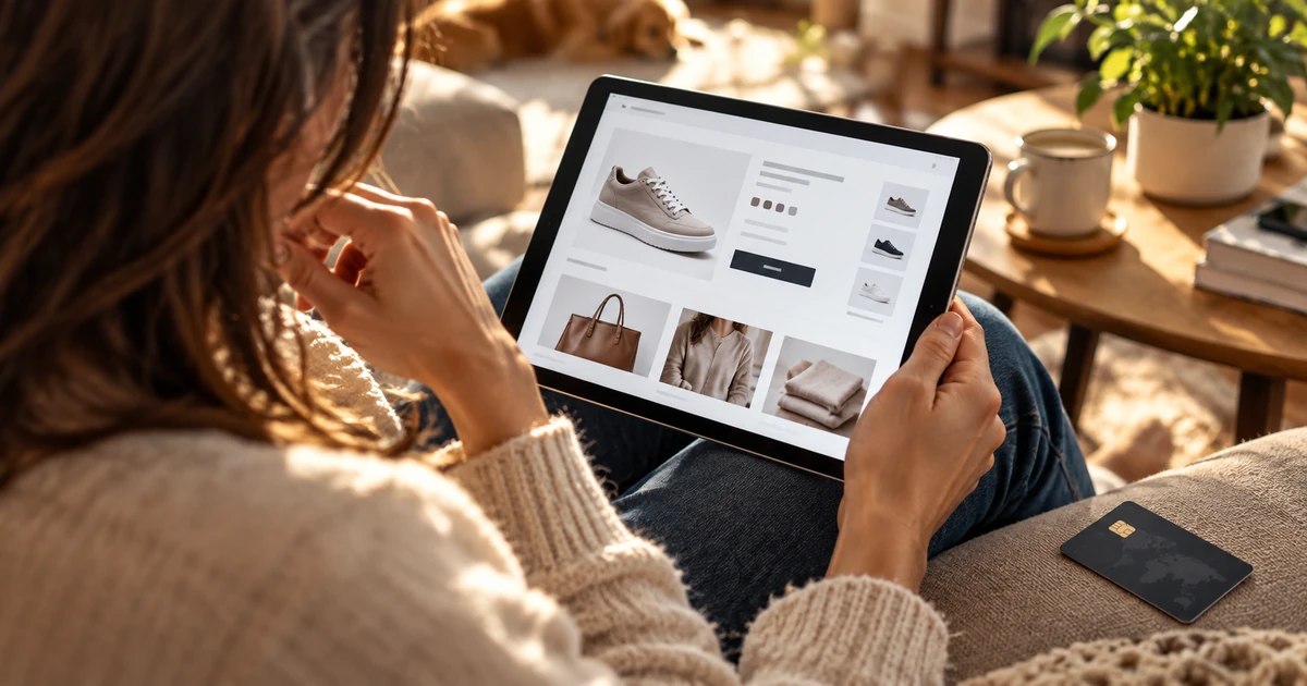 Persona che valuta un acquisto online da casa su un tablet prima di utilizzare la carta di pagamento.