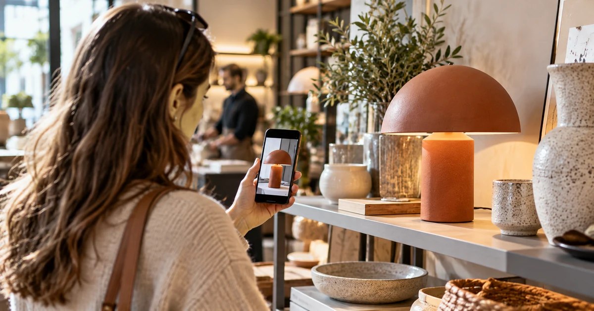 In un negozio di arredamento, una cliente confronta la foto di una lampada sul telefono con il prodotto reale esposto.