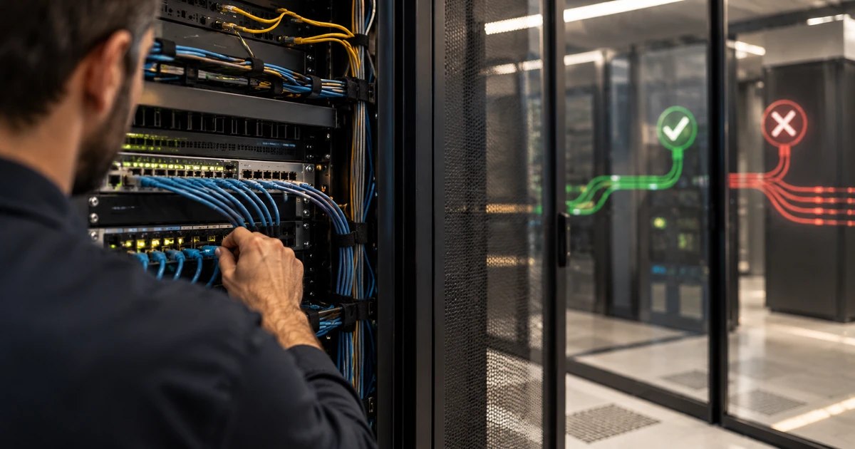 Tecnico che gestisce connessioni di rete in un data center, rappresentazione realistica del filtraggio del traffico autorizzato e indesiderato.