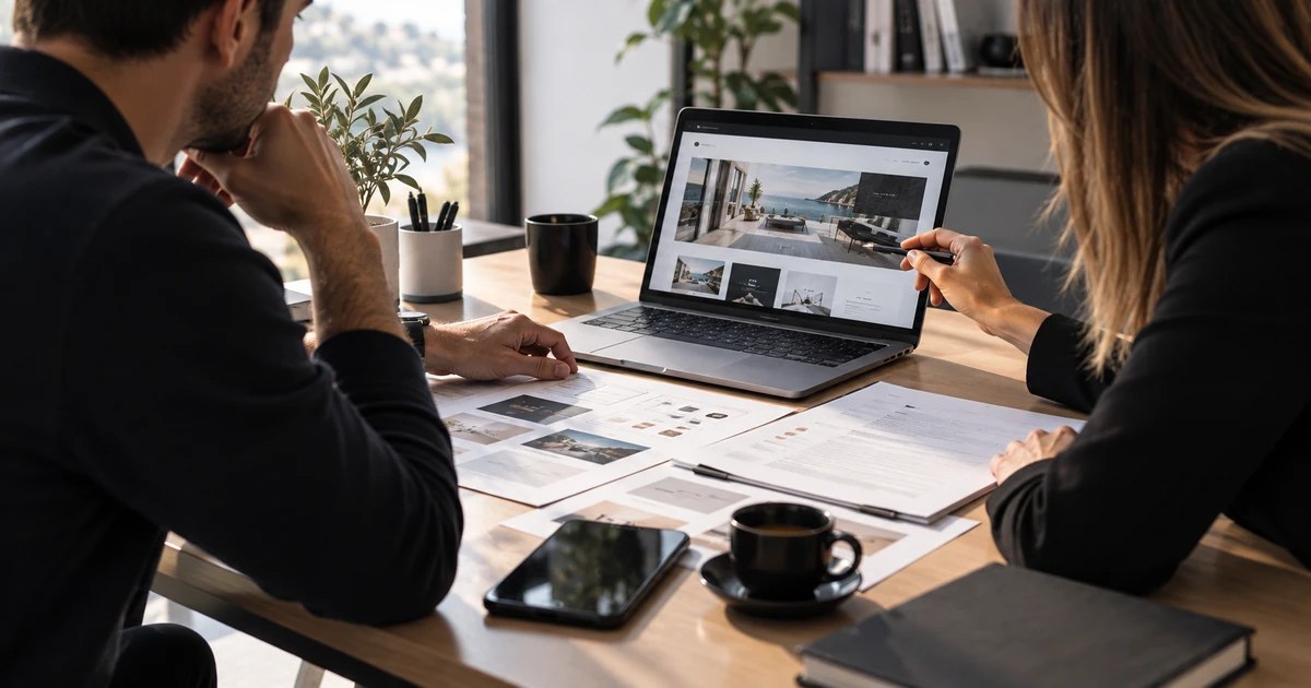 Due professionisti valutano struttura, design e documenti di un progetto web davanti a un laptop in uno studio luminoso.