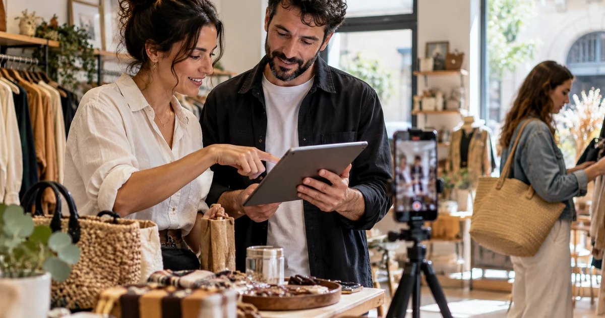 In un negozio, due professionisti esaminano contenuti su un tablet mentre una cliente osserva i prodotti e uno smartphone registra la scena.