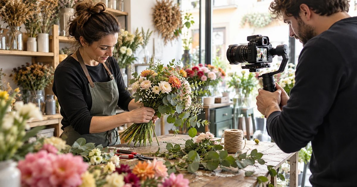 In una fioreria una professionista prepara un bouquet mentre un videomaker riprende il lavoro con una videocamera stabilizzata.