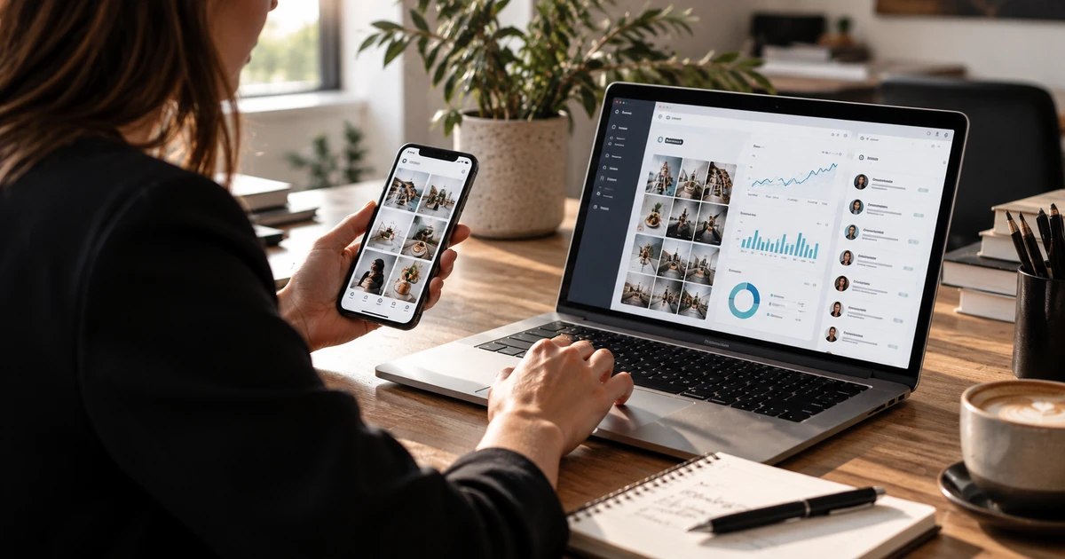 Professionista al lavoro tra smartphone e laptop con dashboard social, contenuti e dati di performance in un ambiente luminoso.