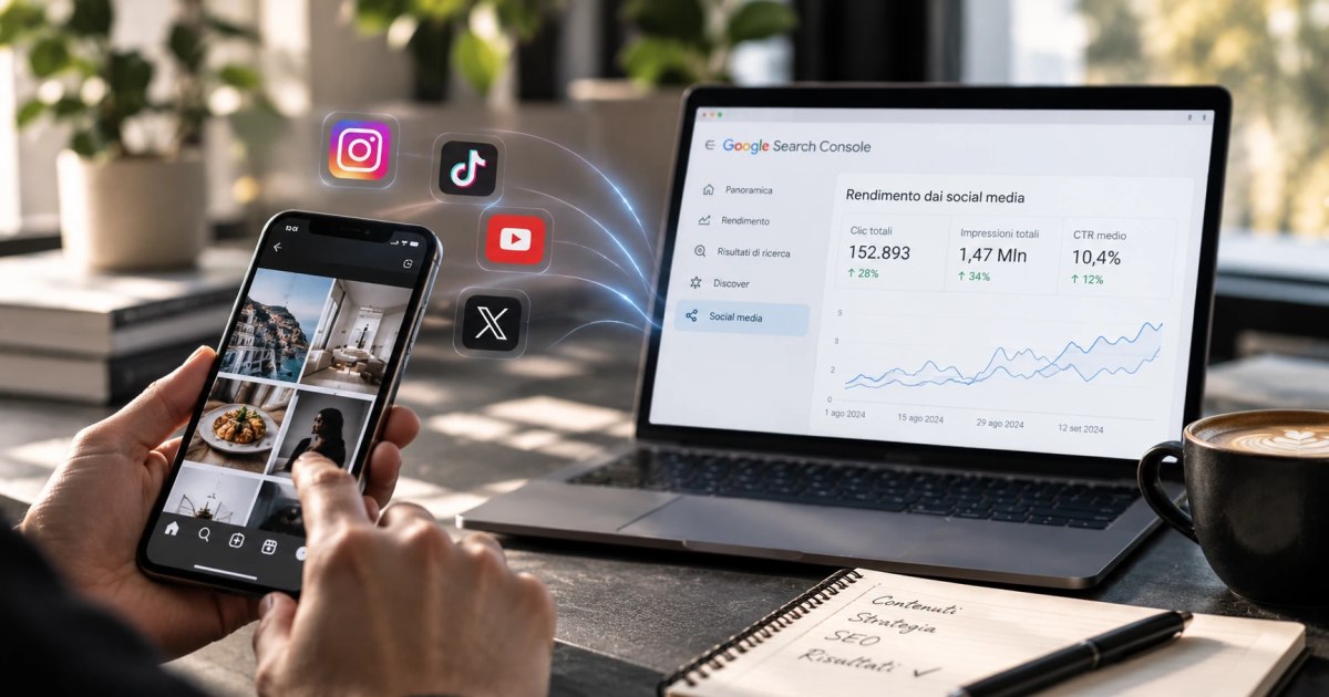 Smartphone con contenuti social collegati a una dashboard di ricerca e analytics, simbolo dell’integrazione tra social media, SEO e Search Console.