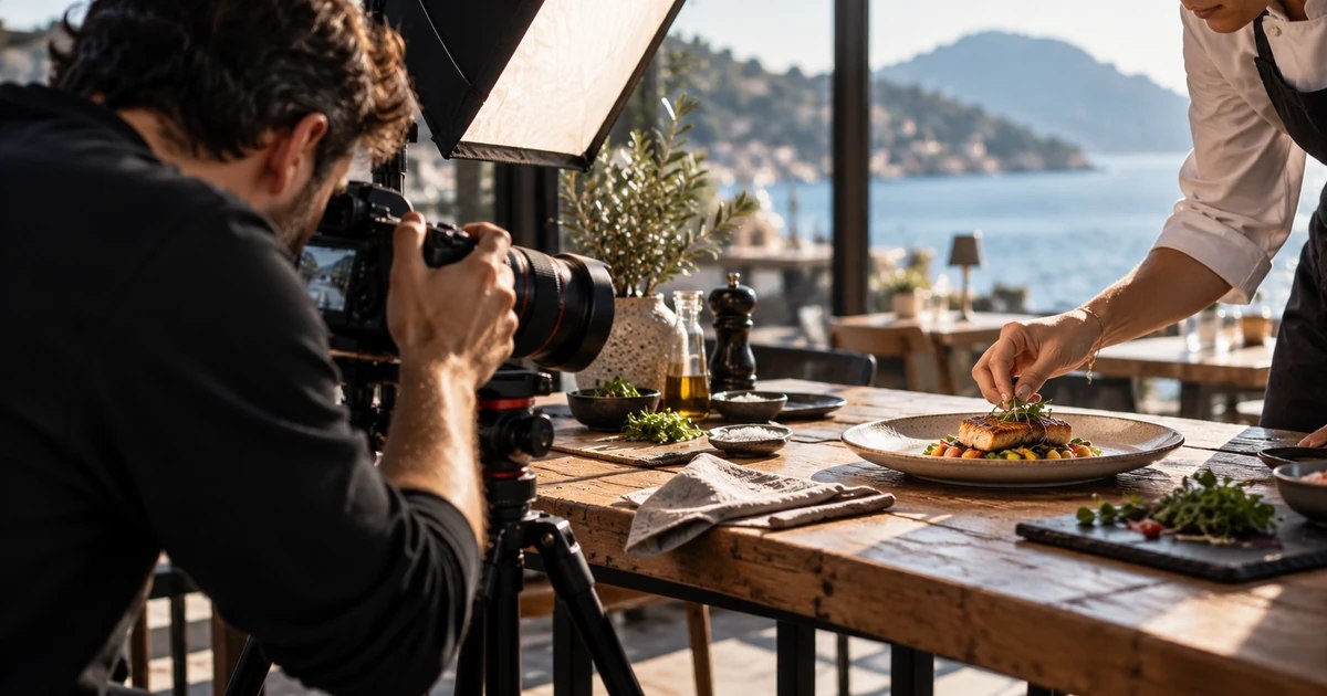Fotografo e chef durante uno shooting professionale di un piatto in un ristorante luminoso con vista sul mare.