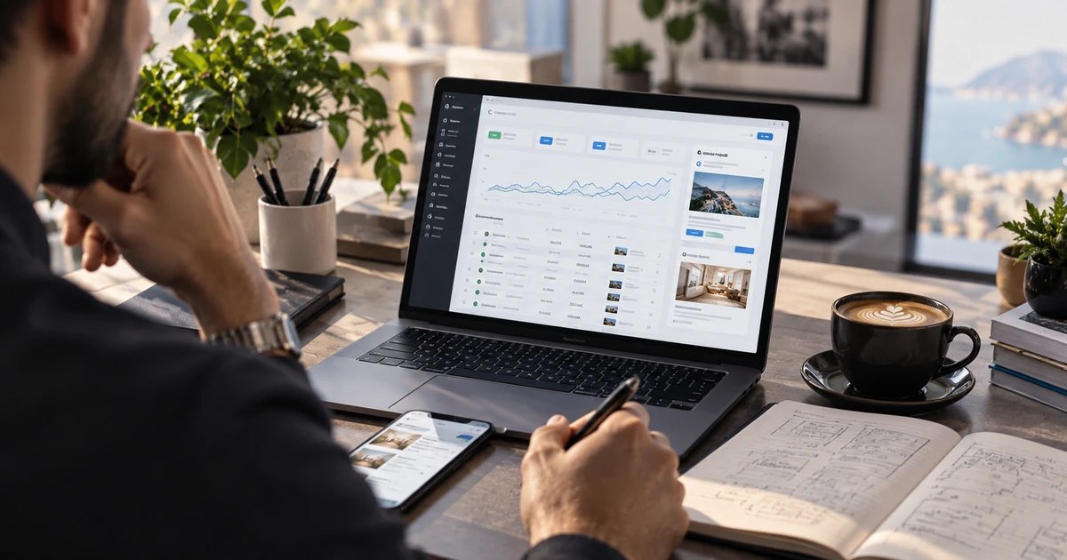 Professionista che analizza una campagna pubblicitaria digitale su laptop in uno studio luminoso, con dashboard, smartphone e appunti di lavoro.